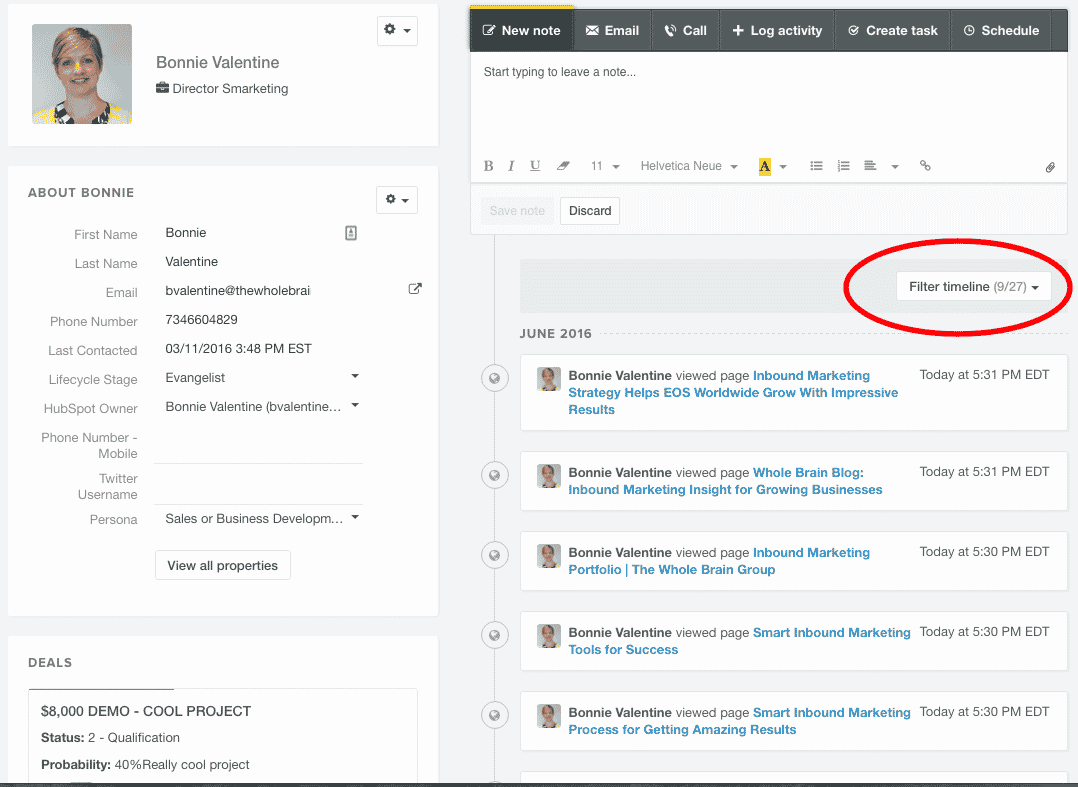 screenshot of the HubSpot CRM with filtered timeline