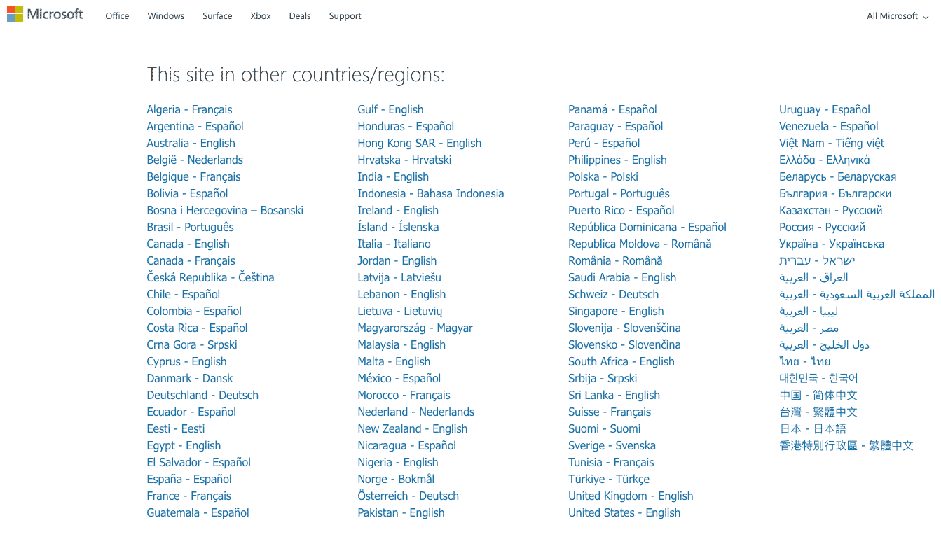 Microsoft Country specific websites page