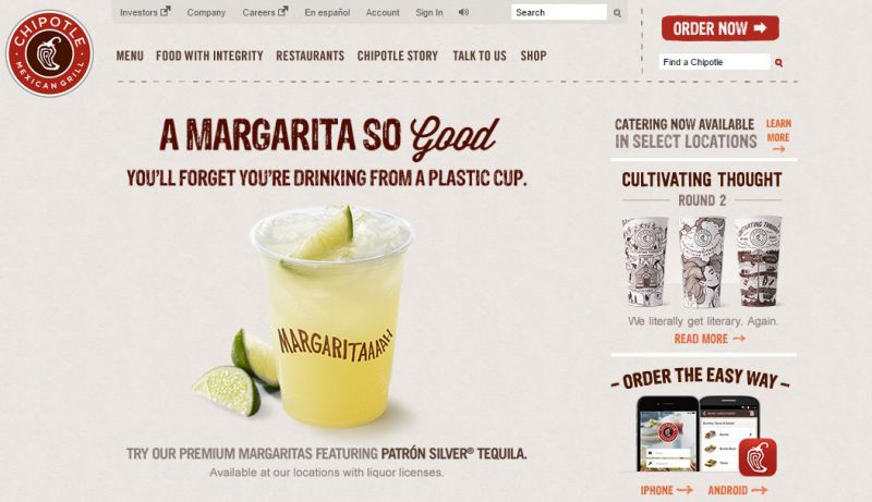 Image of Chipotle's website. Main text says "A margarita so good you'll forget you're drinking from a plastic cup."