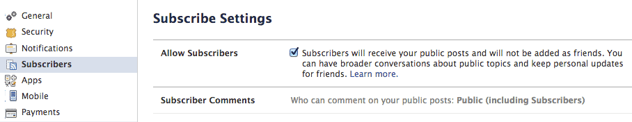 Facebook Subscribe Settings