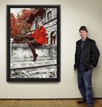 Donald Cronkhite Standing Next to Woman in a Red Coat painting