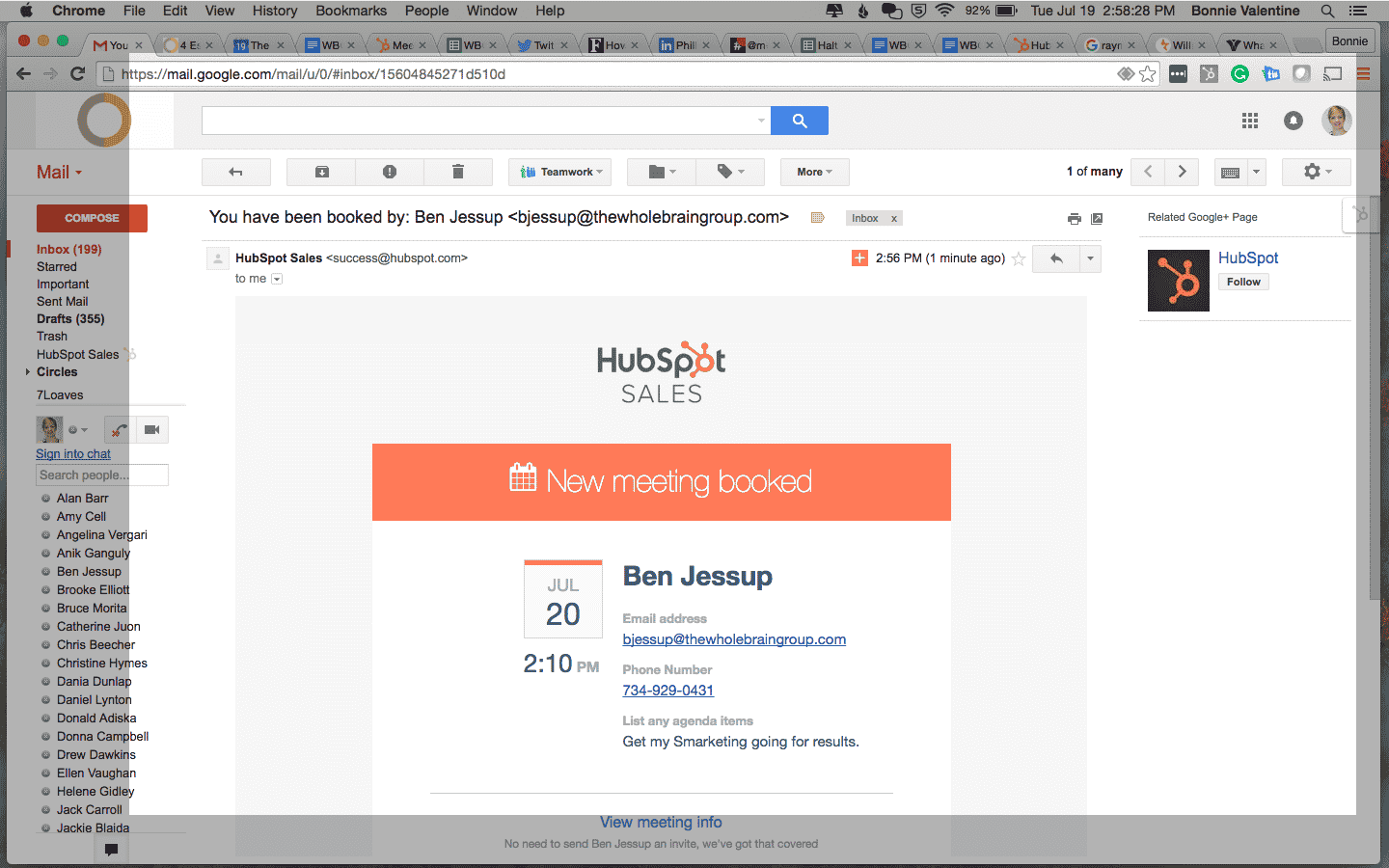 Screenshot of HubSpot meeting tool showing notification of scheduled meeting