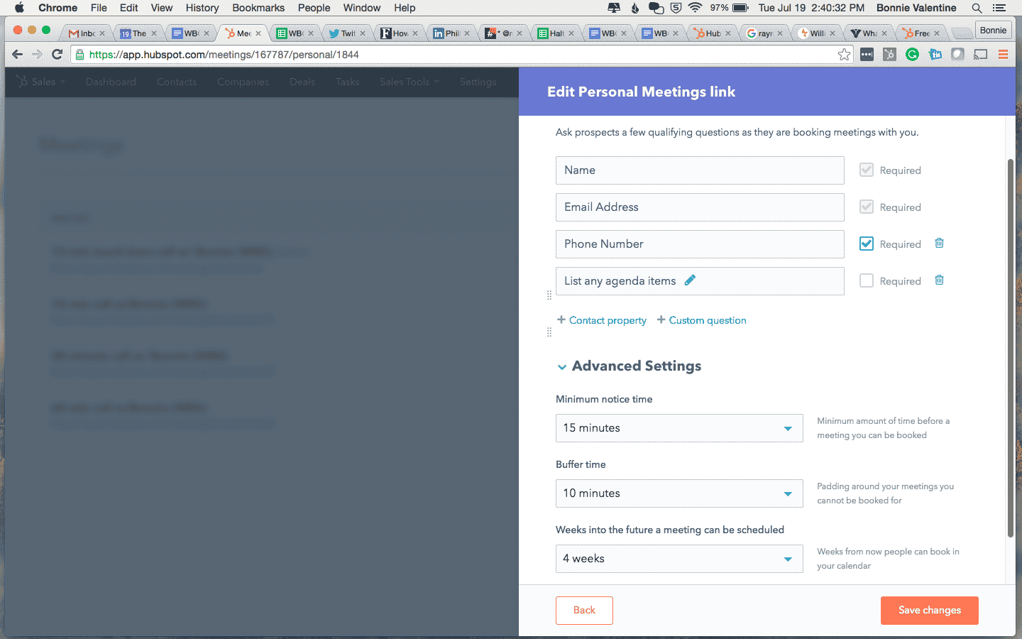 Screenshot of HubSpot meeting tool showing additional required fields in setup