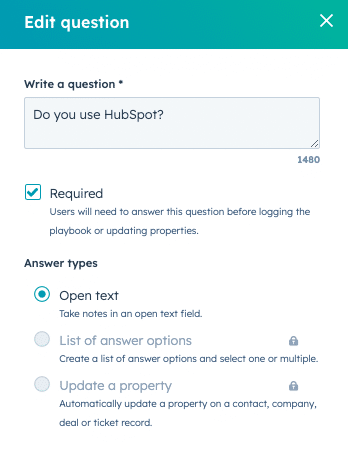 screenshot of the question editor in HubSpot playbooks