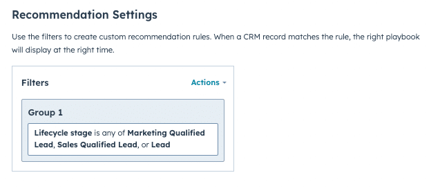 screenshot of the hubspot playbooks recommendation setting tool
